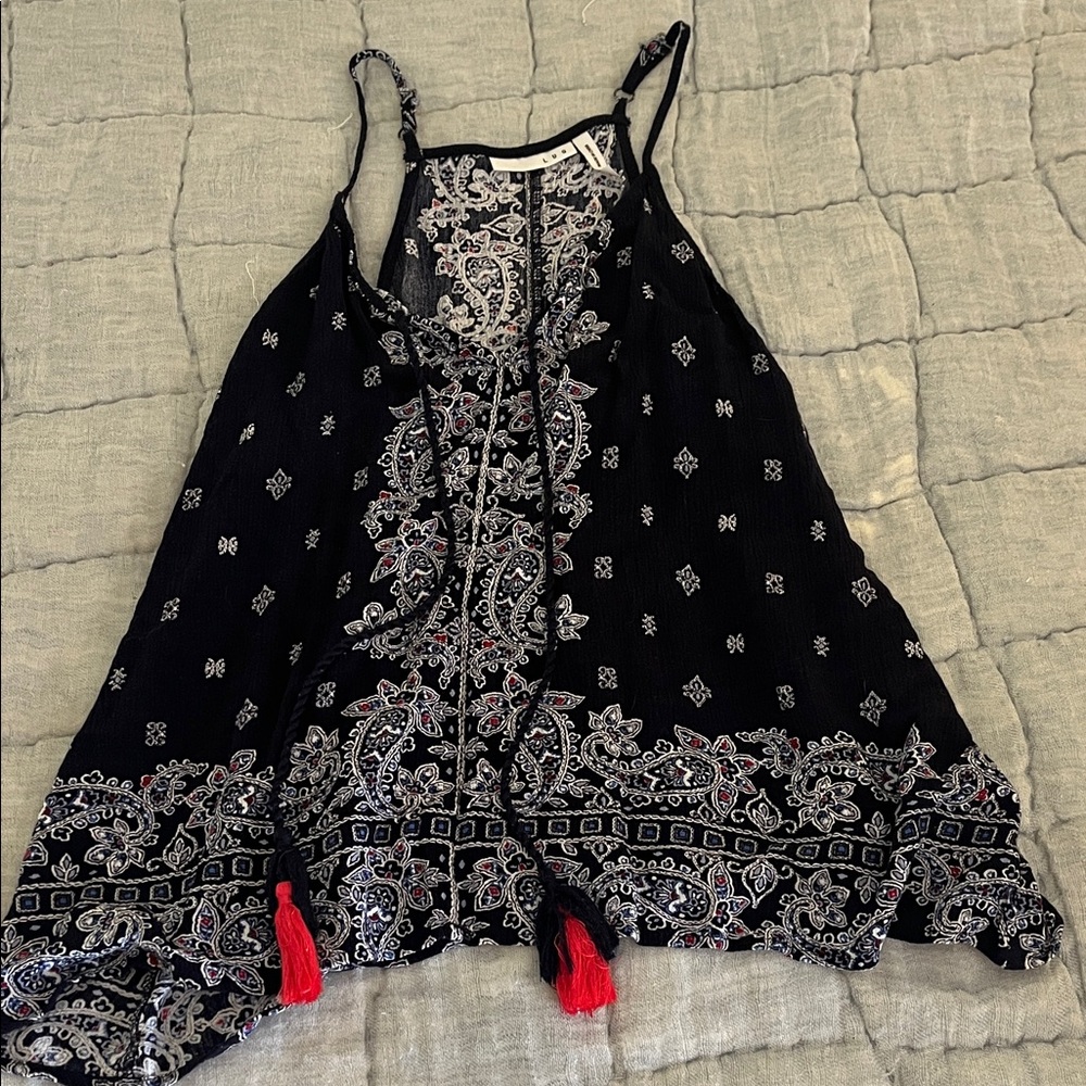 Bohemian Navy Blue Paisley Halter Top with Red Accents